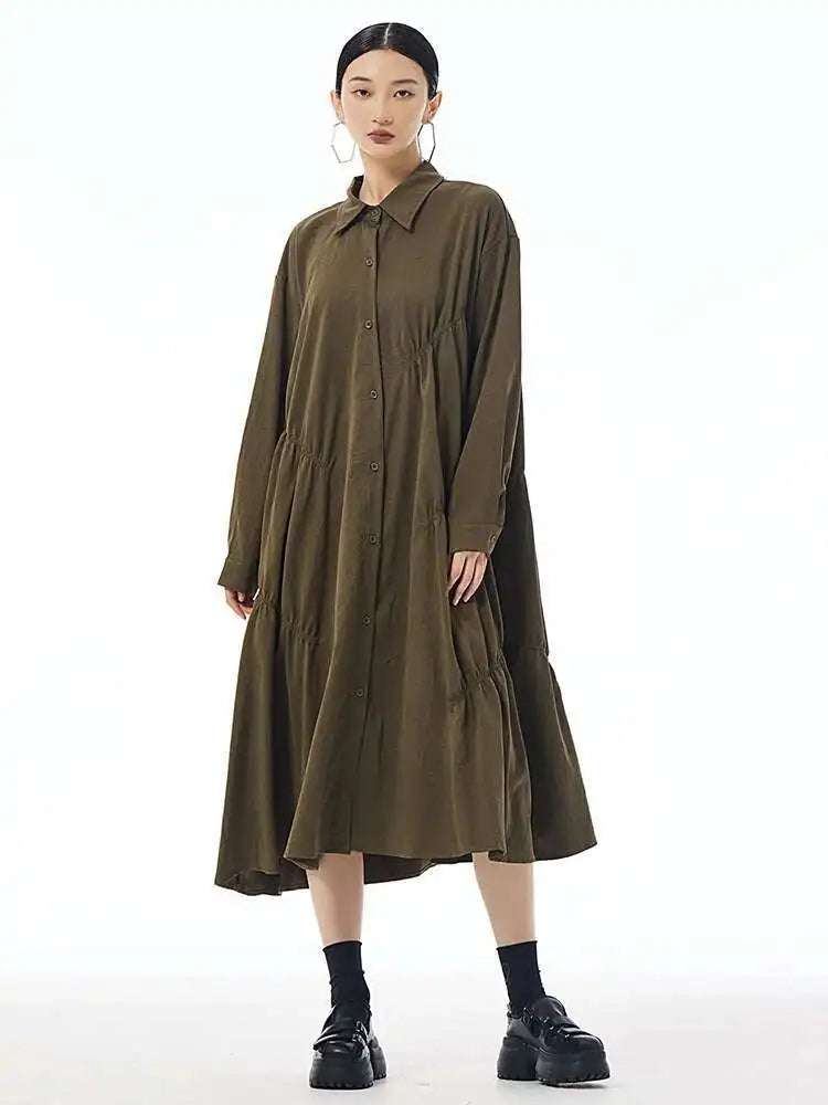 Women Coffee Pleated Spliced Big Size Midi Shirt Dress New Lapel Long Sleeve Fashion Tide Spring Autumn 2025 1DH7416