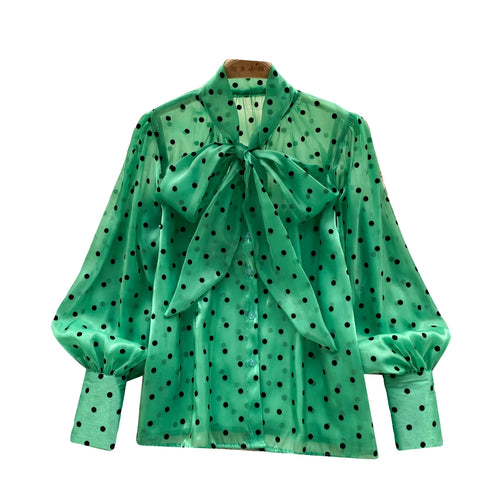 Load image into Gallery viewer, Autumn Women's Vintage Festival Polka Dots Single Breasted Shirt Elegant Sweet Bow Long Sleeve Loose Office Ladies Blouses Tops
