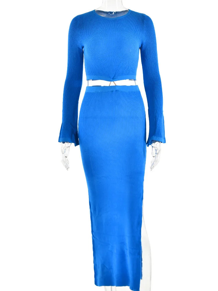 Knitting Sexy Hollow Out High Slit Women's Dress Flare Sleeve Tight O-Neck Dress Party Club Evening Vestidos 2023 New