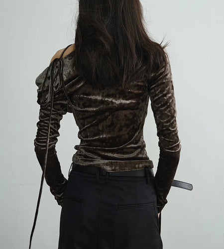 Women Dark Green Velvet Elegant T-shirt New Asymmetrical Collar Long Sleeve Fashion Tide Spring Autumn 2025 1DJ1732