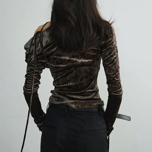 Load image into Gallery viewer, Women Dark Green Velvet Elegant T-shirt New Asymmetrical Collar Long Sleeve Fashion Tide Spring Autumn 2025 1DJ1732
