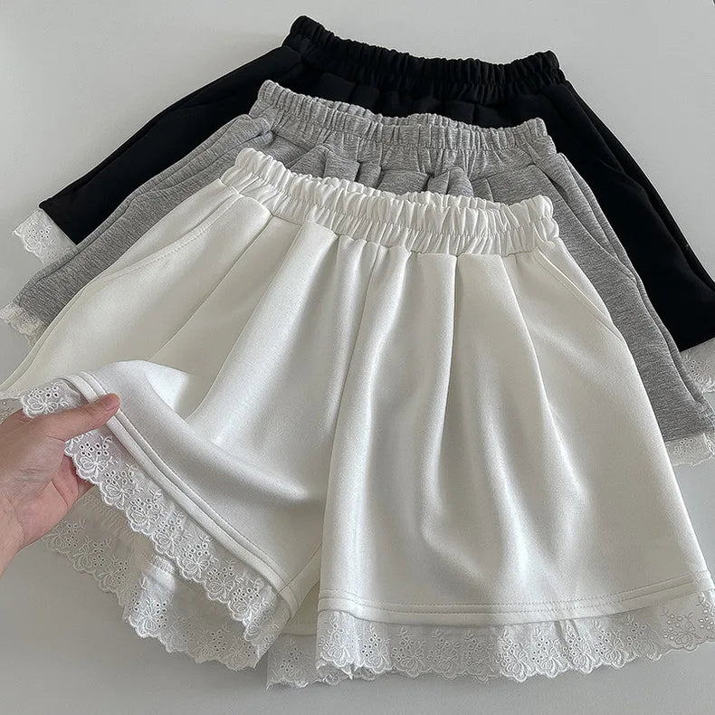 Black White High Waist Slim Mini Pleated Shorts 2024 Spring Summer Fashion Ladies Sweet Gray Lace Shorts For Women Clothes Trend