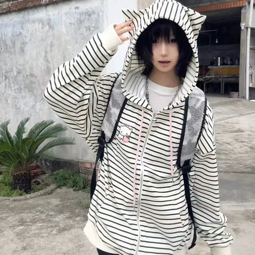 Load image into Gallery viewer, Cat Ear Hood Sweatshirts Coats Women Clothes Long Sleeve Striped Hoodies Y2k Tops 2024 Ropa Mujer Casual Fashion Japanese Hoodie

