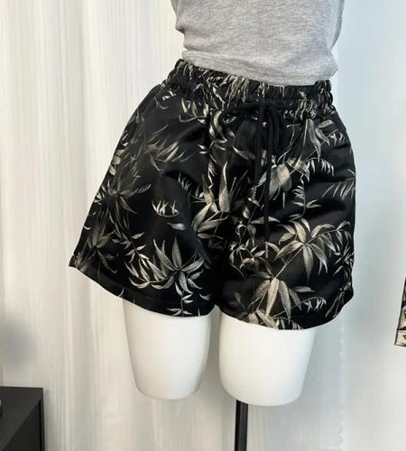 Vintage Women Drawstring Lace-up High Waist Jacquard Shorts Chinese Style Bamboo Leaf Print Wide Leg Short Pant 2024 New Summer