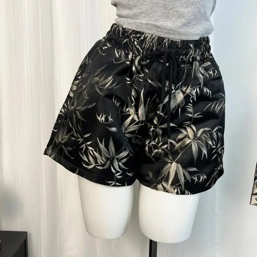 Load image into Gallery viewer, Vintage Women Drawstring Lace-up High Waist Jacquard Shorts Chinese Style Bamboo Leaf Print Wide Leg Short Pant 2024 New Summer

