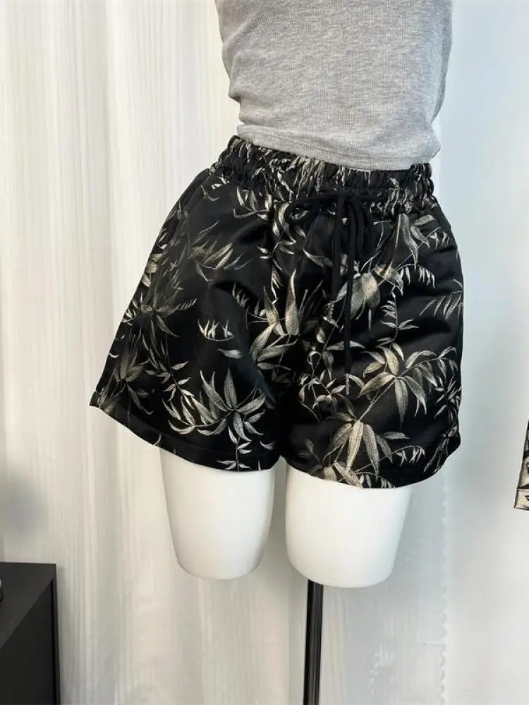 Vintage Women Drawstring Lace-up High Waist Jacquard Shorts Chinese Style Bamboo Leaf Print Wide Leg Short Pant 2024 New Summer