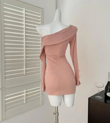 Spring Autumn New Pink Temperament Long Sleeved Knitted Mini Dress Women V Neck Pleated Sexy Wrap Hip Bow Short Dress Simplicity