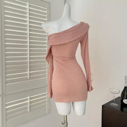 Load image into Gallery viewer, Spring Autumn New Pink Temperament Long Sleeved Knitted Mini Dress Women V Neck Pleated Sexy Wrap Hip Bow Short Dress Simplicity

