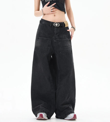 American Style Men's Denim Panst Casual Solid Color Reverse Pocket Design Straight Wide Leg Baggy Male Jeans Spring 9W1202