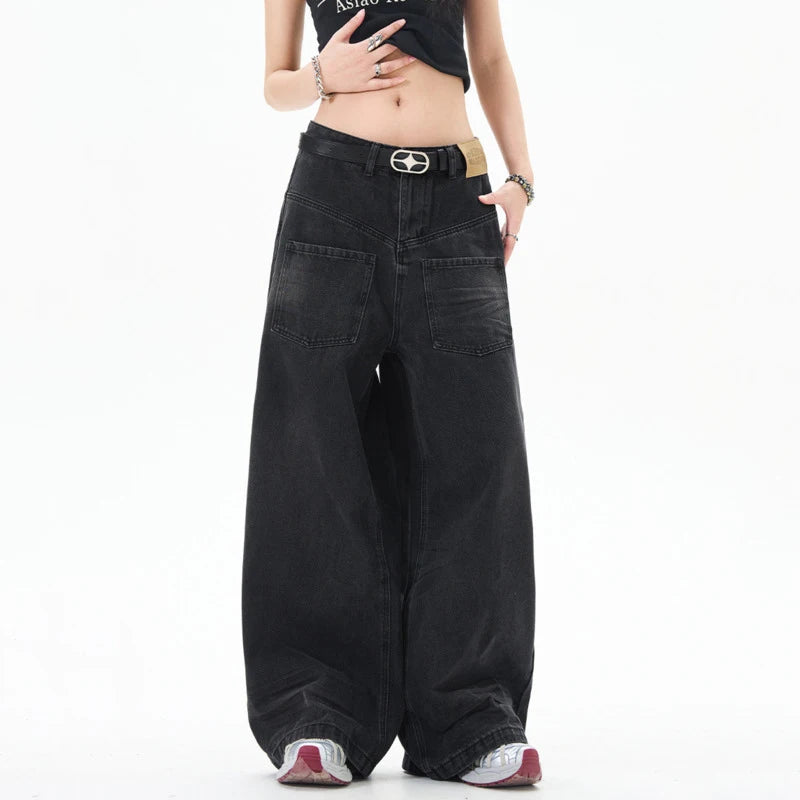 American Style Men's Denim Panst Casual Solid Color Reverse Pocket Design Straight Wide Leg Baggy Male Jeans Spring 9W1202