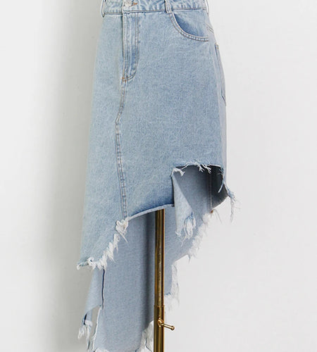 Streetwear Denim Patchwork Tassel Skirt For Women High Waist Asymmetrical Skirts Female Fashion Clothing
