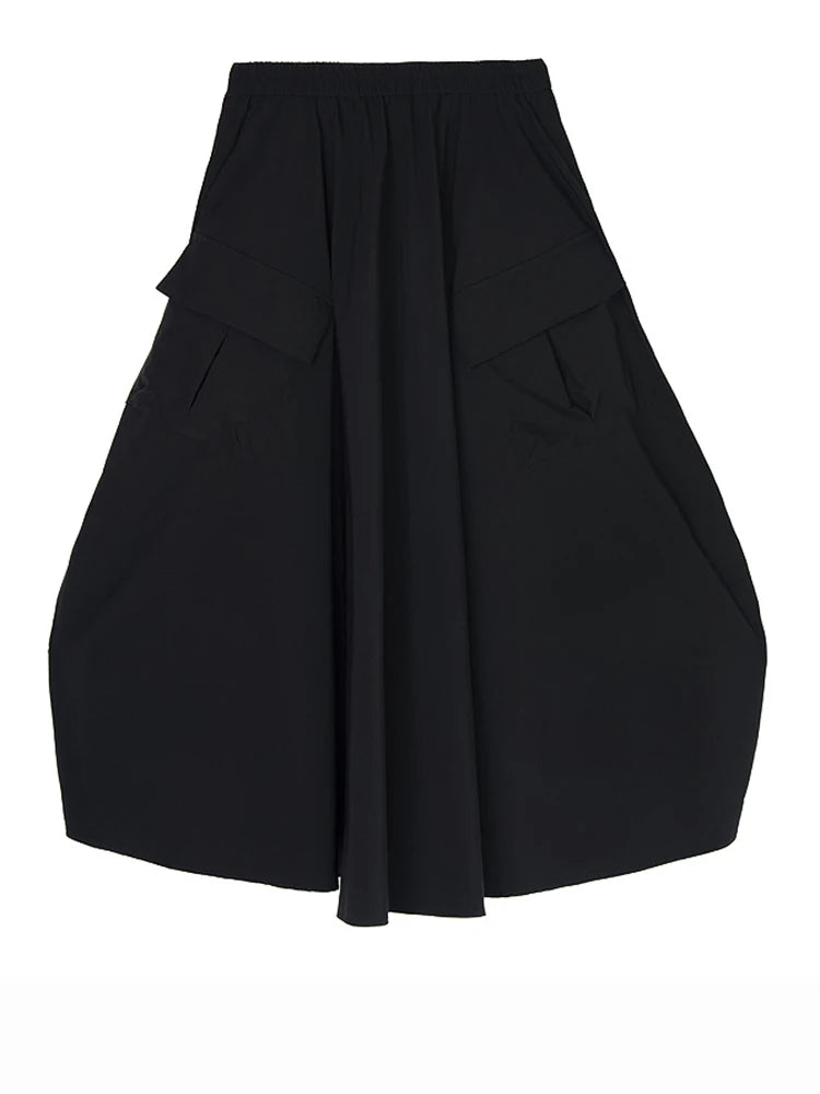 High Elastic Waist Black Pocket Pleated Drawstring A-line Half-body Skirt Women Fashion New Spring Autumn 2025 1DJ1169