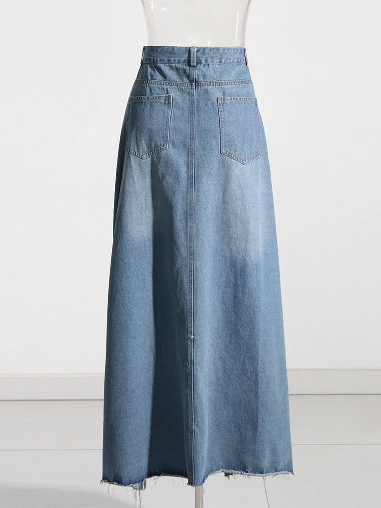 Asymmetrical Denim Skirts For Women High Waist Spliced Pockets Solid Casual Loose Split Skirt Female Fashion