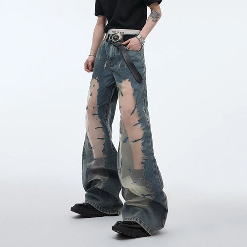 Load image into Gallery viewer, Men&#39;s Mesh Spliced Jeans Hollowed Out Gradual Niche Design Flare Pants Denim Patchwork Male Summer Fashion Trend 24Y165
