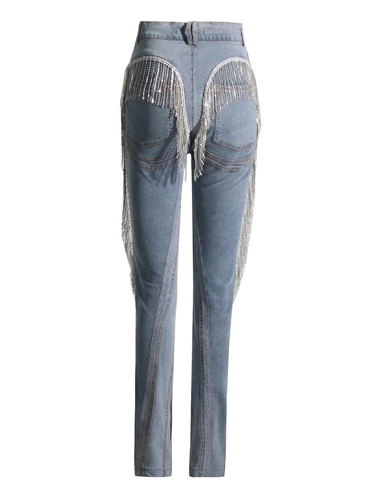 Spliced Tassel Slimming Chic Denim Pants For Women High Waist Patchwork Pockets Casual Skinny Jeans Female Fashion