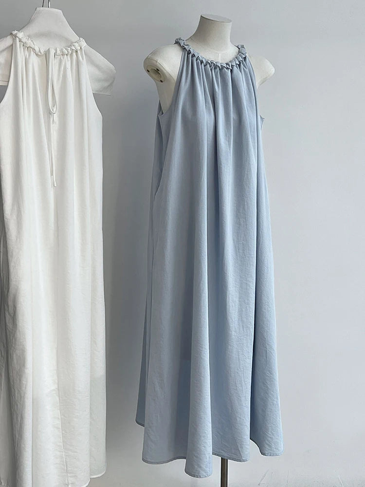 Women White Blue Knot Elegant Big Size Long Vest Dress New Halter Sleeveless Fashion Tide Spring Summer 2025 1DJ1282