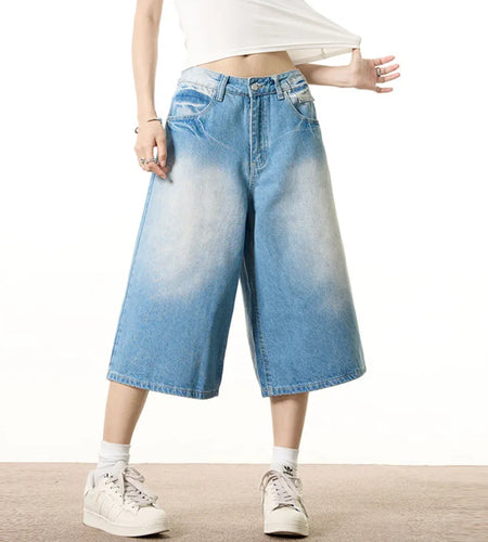 Men's Denim Shorts Cropped Jeans Solid Color New Summer Fashion Trendy Wide Leg Loose Male Clothing Men Clothing 9W1346