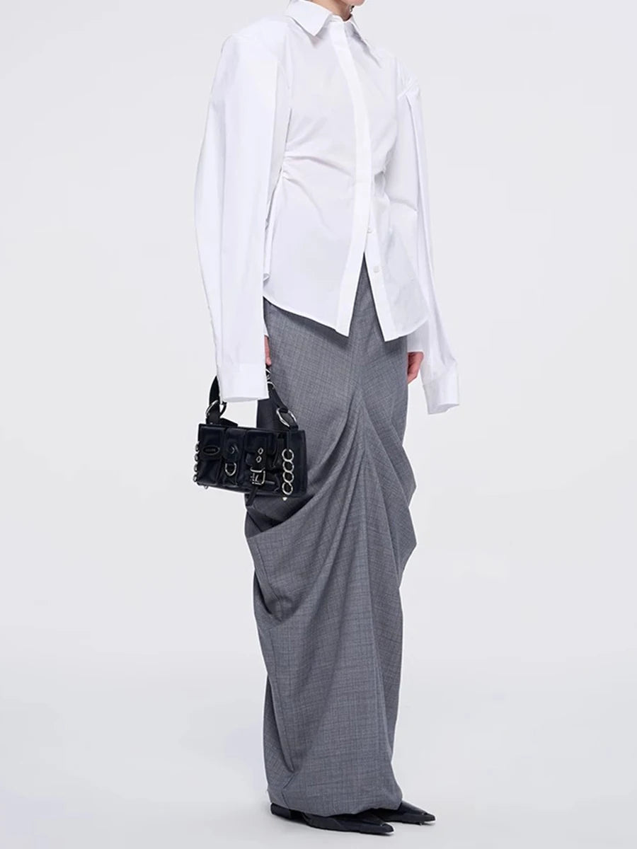 Solid Spliced Folds Slimming Dress For Women High Wiast Temperament Elegant Long Skirt Female Fashion Style Clothes