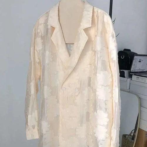 Load image into Gallery viewer, Women Beige Jacquard Embroidery Big Size Blouse New Lapel Long Sleeve Loose Fit Shirt Fashion Spring Autumn 2025 1DF1478
