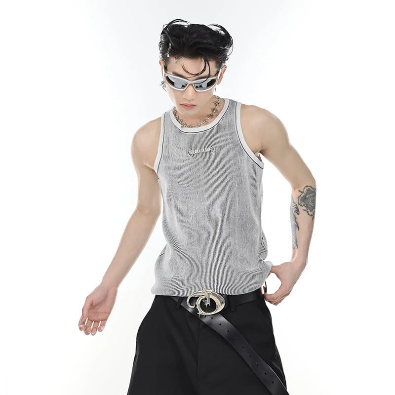 Niche Men's Knit Tank Top Threedimensional Striped Vest Summer Thin Fashion Sleeveless T-shirt Metal Slim Fitting Top 9C686