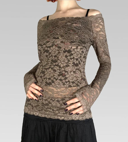 Fairycore Vintage Brown Lace T-shirts Female Y2K Long Sleeve Top See Through Fashion Party Top 2000s Aesthetic Shirts