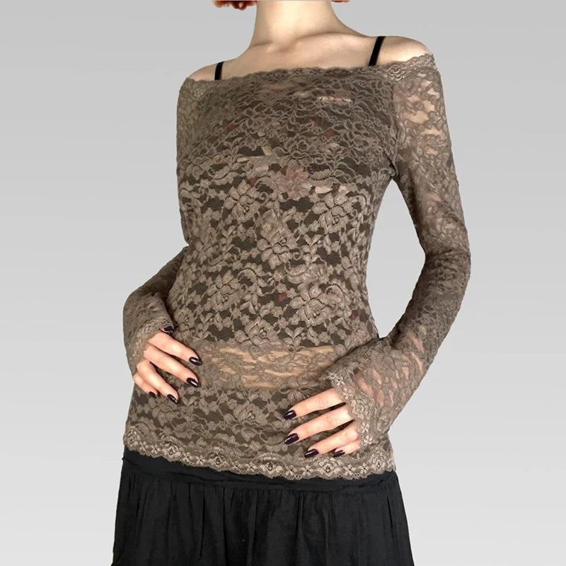 Fairycore Vintage Brown Lace T-shirts Female Y2K Long Sleeve Top See Through Fashion Party Top 2000s Aesthetic Shirts