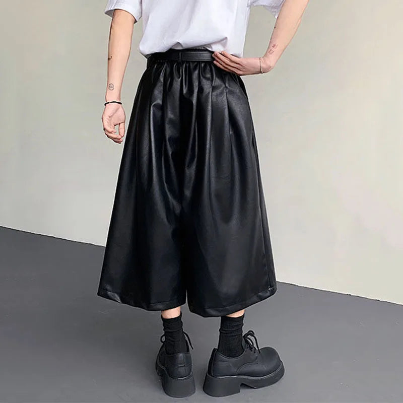 Men's PU Leather Shorts New American Style Wide Leg Solid Color Men Bottoms Male Trendy Loose Seven Quarter Pants 9W1521