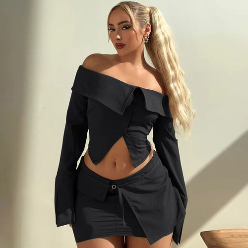 Load image into Gallery viewer, Sexy Two Piece Sets Women Off-shoulder Long Sleeve T-shirt And Mini Skirt Matching Sets Backless Sexy 2 Piece Sets
