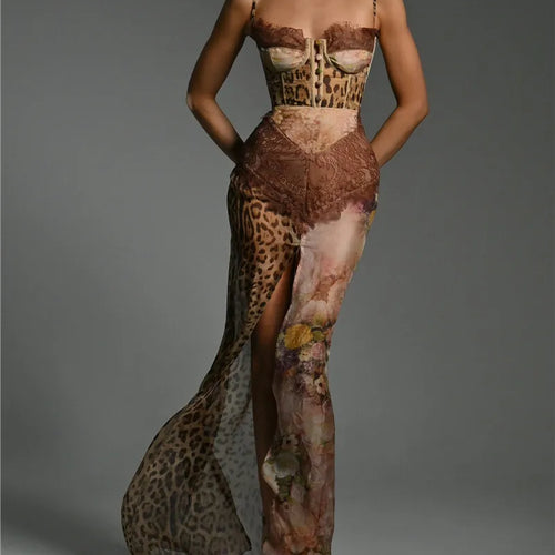 Load image into Gallery viewer, Leopard Print Lace Split Sexy Maxi Dress Women Gown Elegant Patchwork Chiffon Sleeveless Backless Beach Evening Dress
