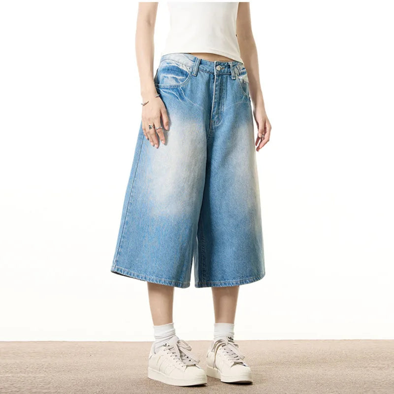 Men's Denim Shorts Cropped Jeans Solid Color New Summer Fashion Trendy Wide Leg Loose Male Clothing Men Clothing 9W1346