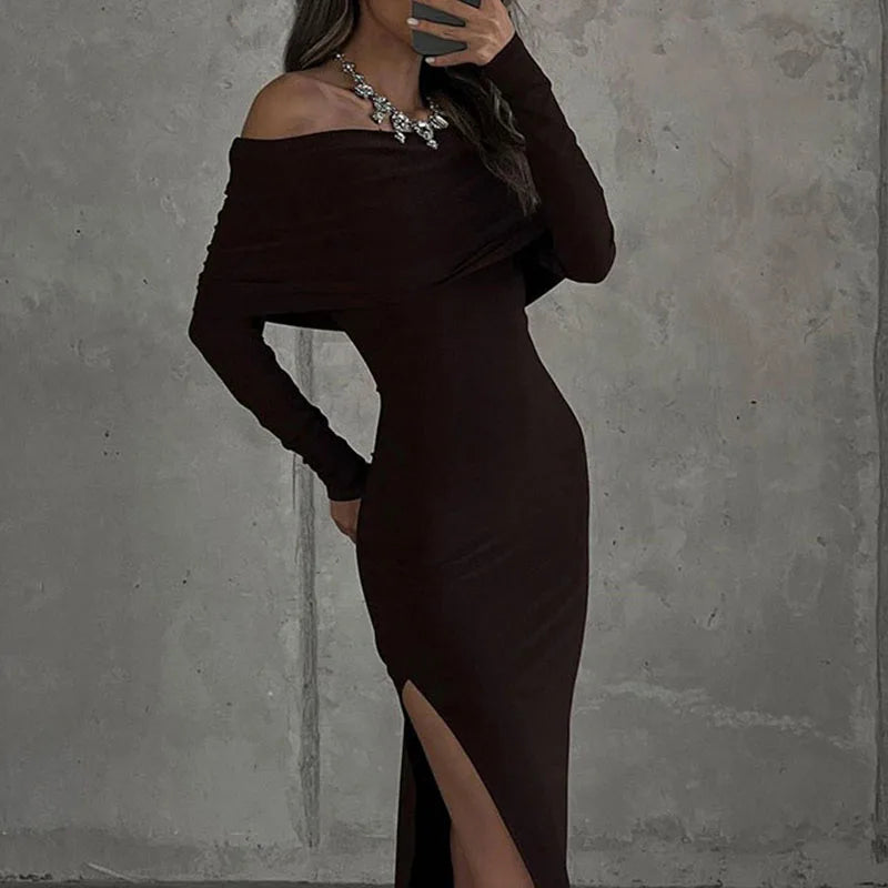 Elegant Brown Solid Autumn Dress for Women Tierred Clubwear Side Split Long Dress Evening Prom Off Shoulder Clothing