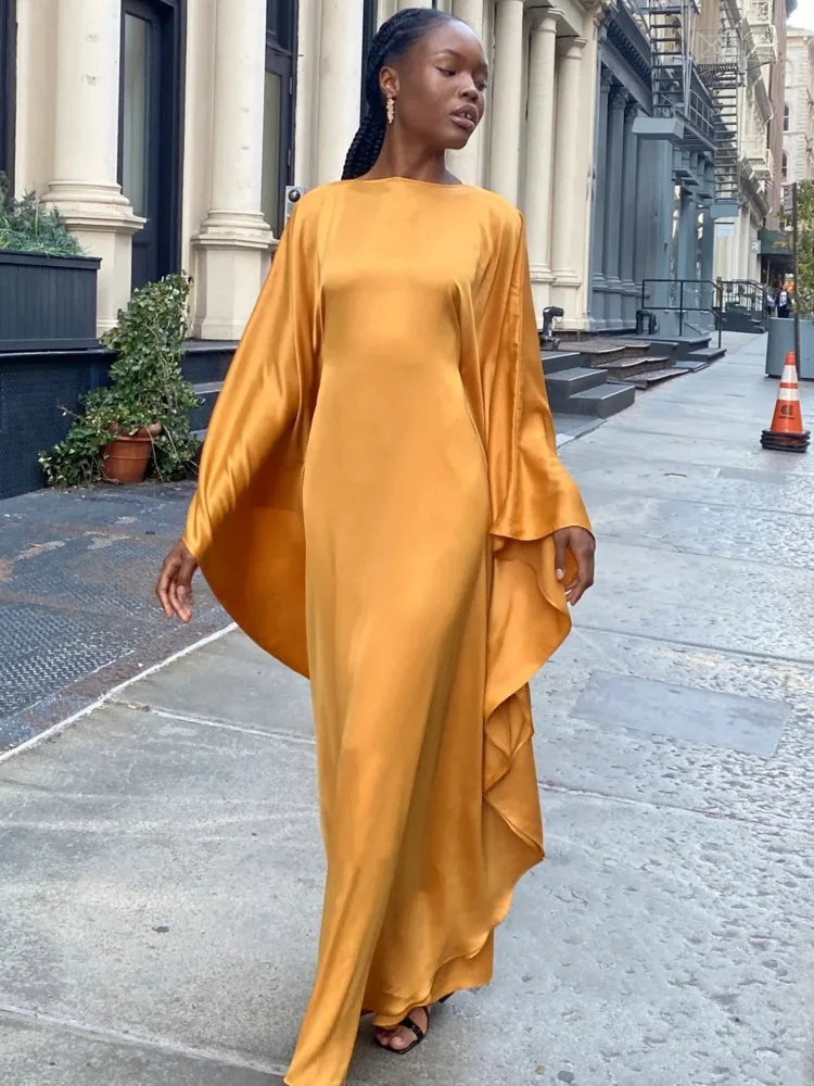 Fashion Satin Long Sleeved Large Opening Long Dress Women Slim Round Neck Robe Dress Female Elegant Party Evening Dress