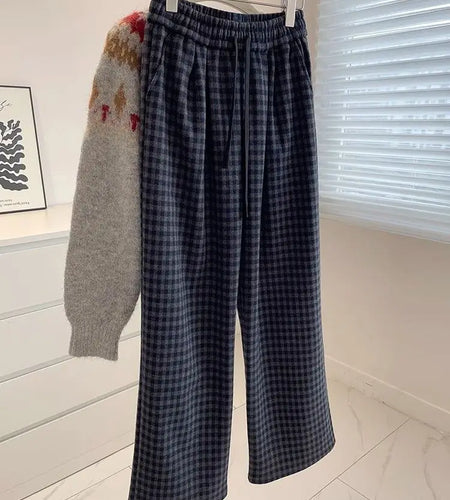 Retro Black Blue Plaid Drawstring Lace-up Thick Wide Leg Pant Winter High Waist Casual Loose Pleated Straight Trousers Street
