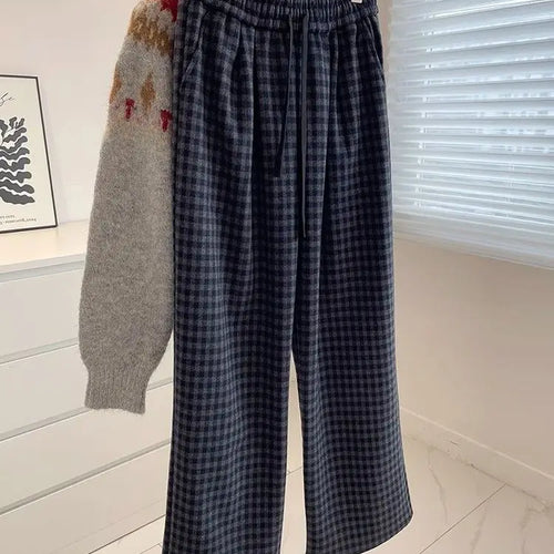 Load image into Gallery viewer, Retro Black Blue Plaid Drawstring Lace-up Thick Wide Leg Pant Winter High Waist Casual Loose Pleated Straight Trousers Street
