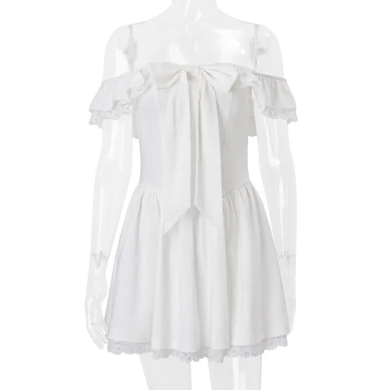 Off-shoulder Backless Sexy Mini Dress Women Robe Fashion White Strapless Sleeveless High Waist Lace Club Dress Female