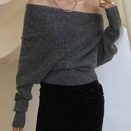 Load image into Gallery viewer, Solid Loose Casual Knitting Sweaters For Women Diagonal Collar Long Sleeve Cold Shoulder Temperament Sweater Female
