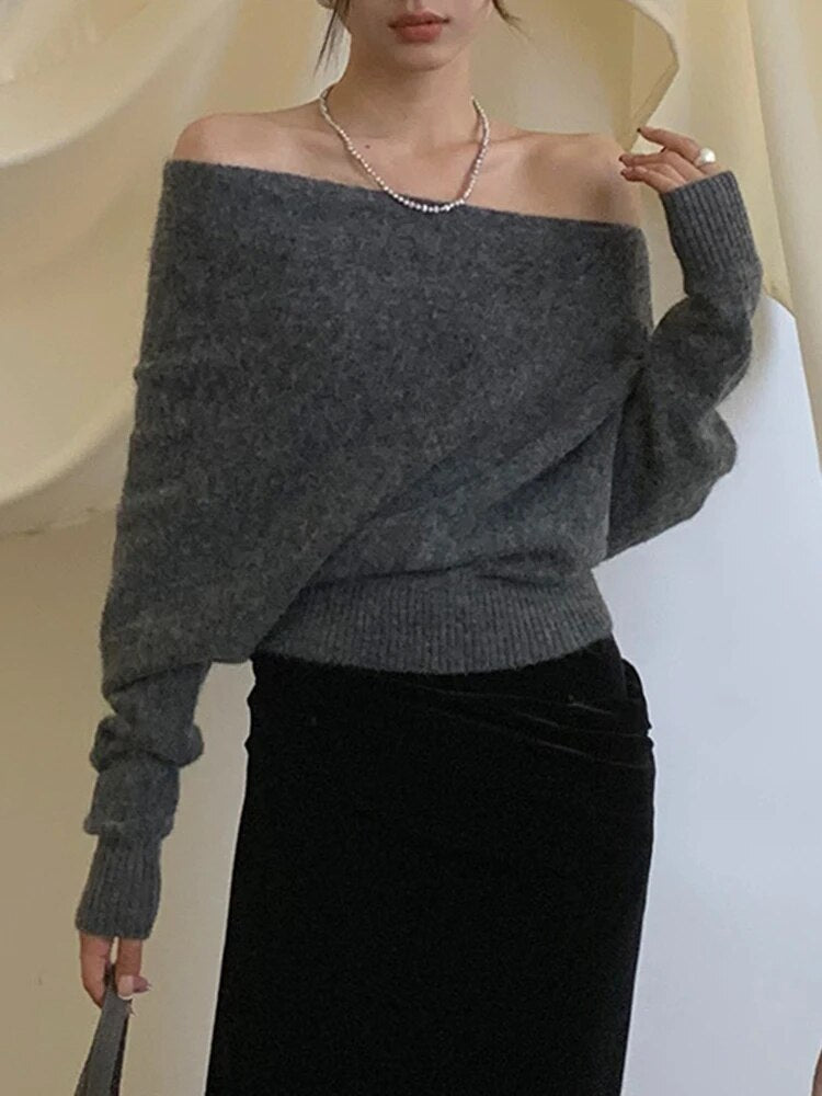 Solid Loose Casual Knitting Sweaters For Women Diagonal Collar Long Sleeve Cold Shoulder Temperament Sweater Female
