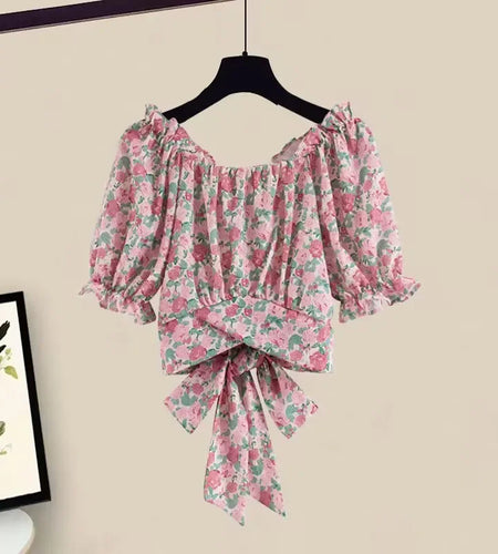 Women Summer Sweet Pink Print Top Korean Puff Sleeve Bandage Floral Top And Side Split Retro