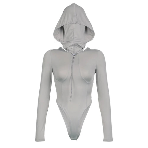 Load image into Gallery viewer, Streetwear Skinny Hooded Women Bodysuit Hollow Out Long Sleeve Drawstring Autumn Body Holographic Moto Style Clothing
