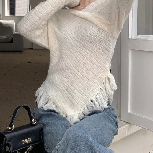 Load image into Gallery viewer, Solid Slimming Sexy Knitting Sweaters For Women V Neck Flare Sleeve Patchwork Tassel Chic Sweater Female Fashion
