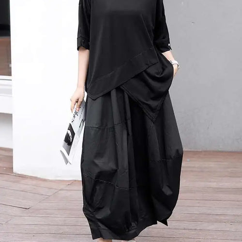 Load image into Gallery viewer, Women Black Irregular Hem Big Size Casual T-shirt New Round Neck Short Sleeve Fashion Tide Spring Summer 2025 1DJ0618
