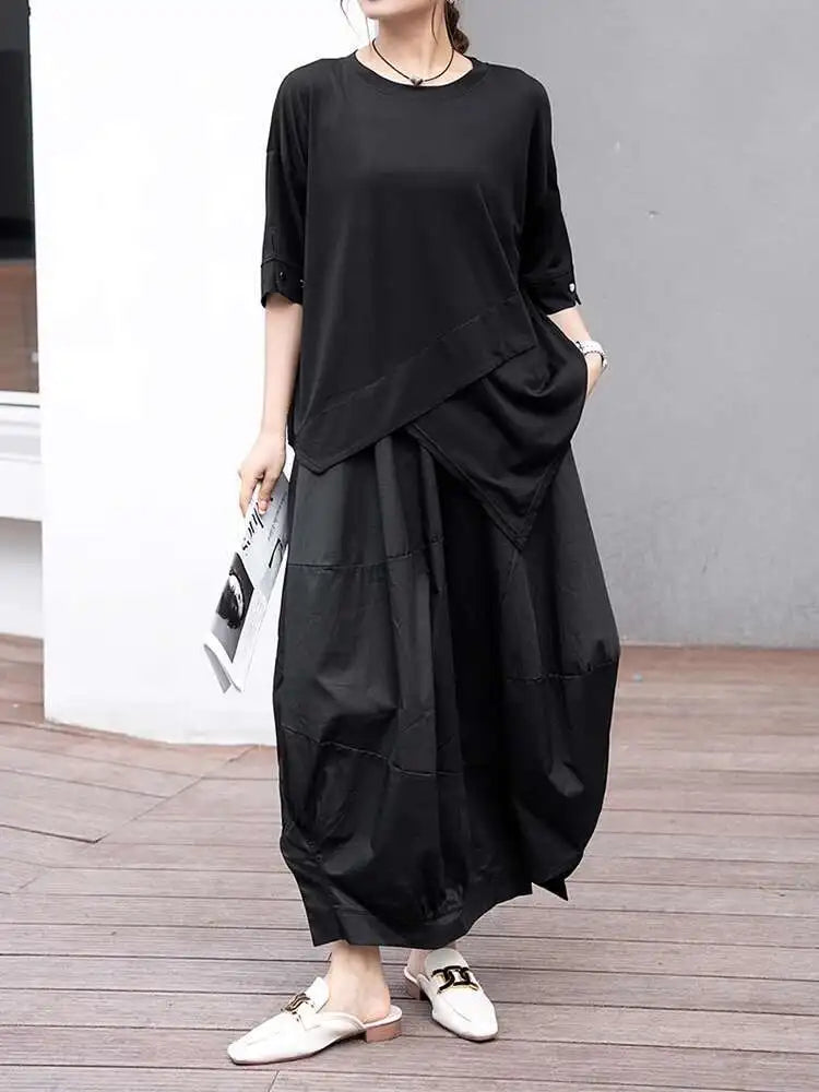 Women Black Irregular Hem Big Size Casual T-shirt New Round Neck Short Sleeve Fashion Tide Spring Summer 2025 1DJ0618