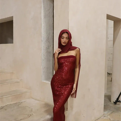 Load image into Gallery viewer, Sequin Strapless High Split Sexy Maxi Dress Women Elegant Off-shoulder Sleeveless Backless Sparkle Floor Length Dress
