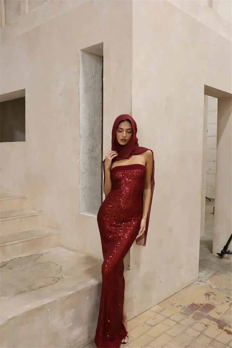 Sequin Strapless High Split Sexy Maxi Dress Women Elegant Off-shoulder Sleeveless Backless Sparkle Floor Length Dress