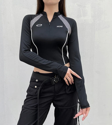 Harajuku Stripe Stitch Skinny Autumn Tee T-shirt Women Moto&Biker Style Invisible Zipper Crop Top Sporty Stand Collar