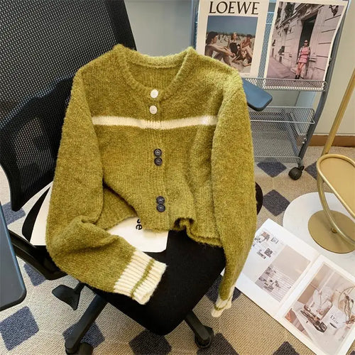 Load image into Gallery viewer, Korean Purple Patchwork Long Sleeved Short Sweater Women's New Green Casual Thick Loose Knit Pullover Top Autumn Winter 2024 Y2k
