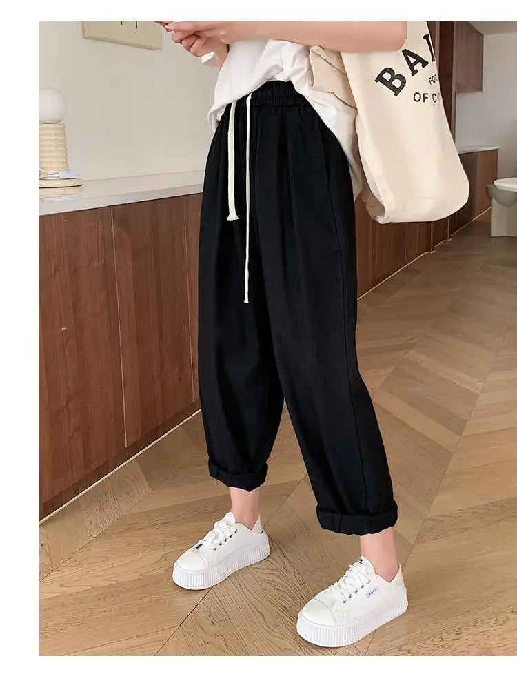 Black White High Waist Big Size Drawstring Harem Ankle-length Pant Women Spring Summer Brown Baggy Korean Casual Sweatpants New