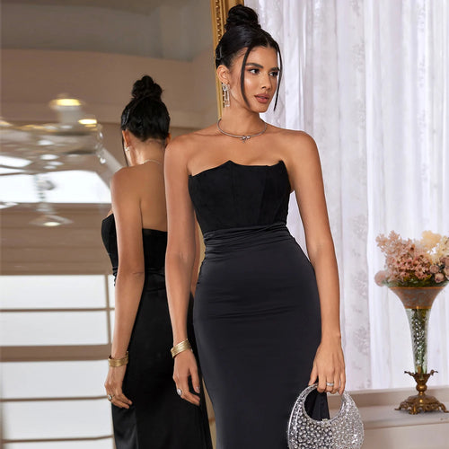 Load image into Gallery viewer, Black Maxi Wedding Guest Dress Women Strapless Velvet Boning Corset Party Dress Sexy Satin Long Formal Occasion Dress
