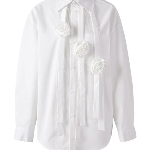 Load image into Gallery viewer, Women Blue Ribbon 3d Flower Big Size Elegant Blouse New Lapel Long Sleeve Shirt Fashion Tide Spring Autumn 2025 CPG3113
