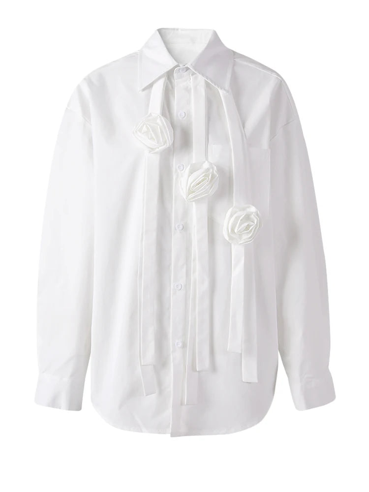 Women Blue Ribbon 3d Flower Big Size Elegant Blouse New Lapel Long Sleeve Shirt Fashion Tide Spring Autumn 2025 CPG3113